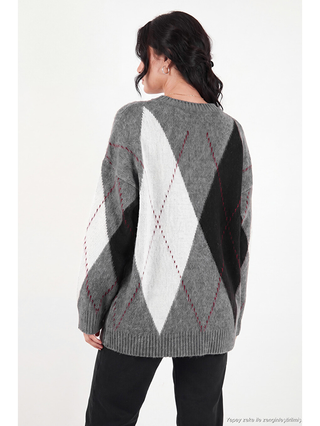 Antrasit Oversize Fit Bisiklet Yaka Baklava Desenli Kadın Kazak 4615578-6