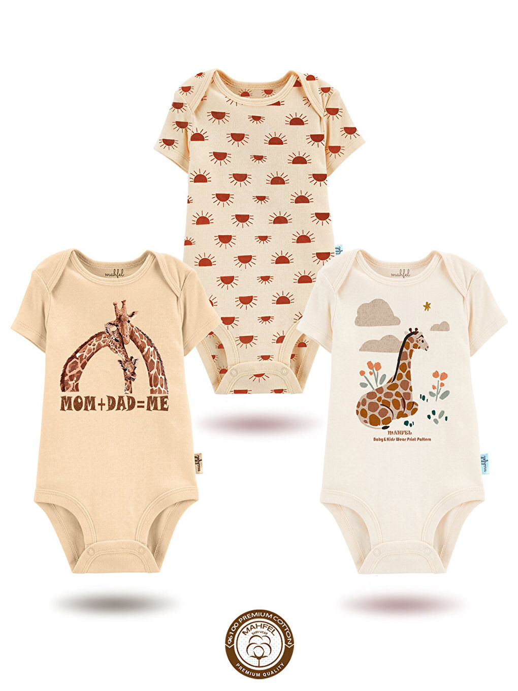 Ekru 3'Lü %100 Pamuklu Organik Baskılı Kısa Kollu Çıtçıtlı Bebek Body Zıbın 747-731