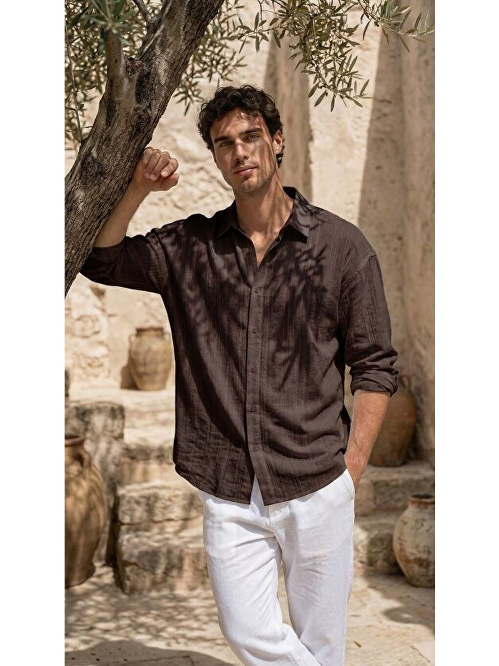 Kahverengi Erkek Armürlü Yarım Oversize Müslin Gömlek-3