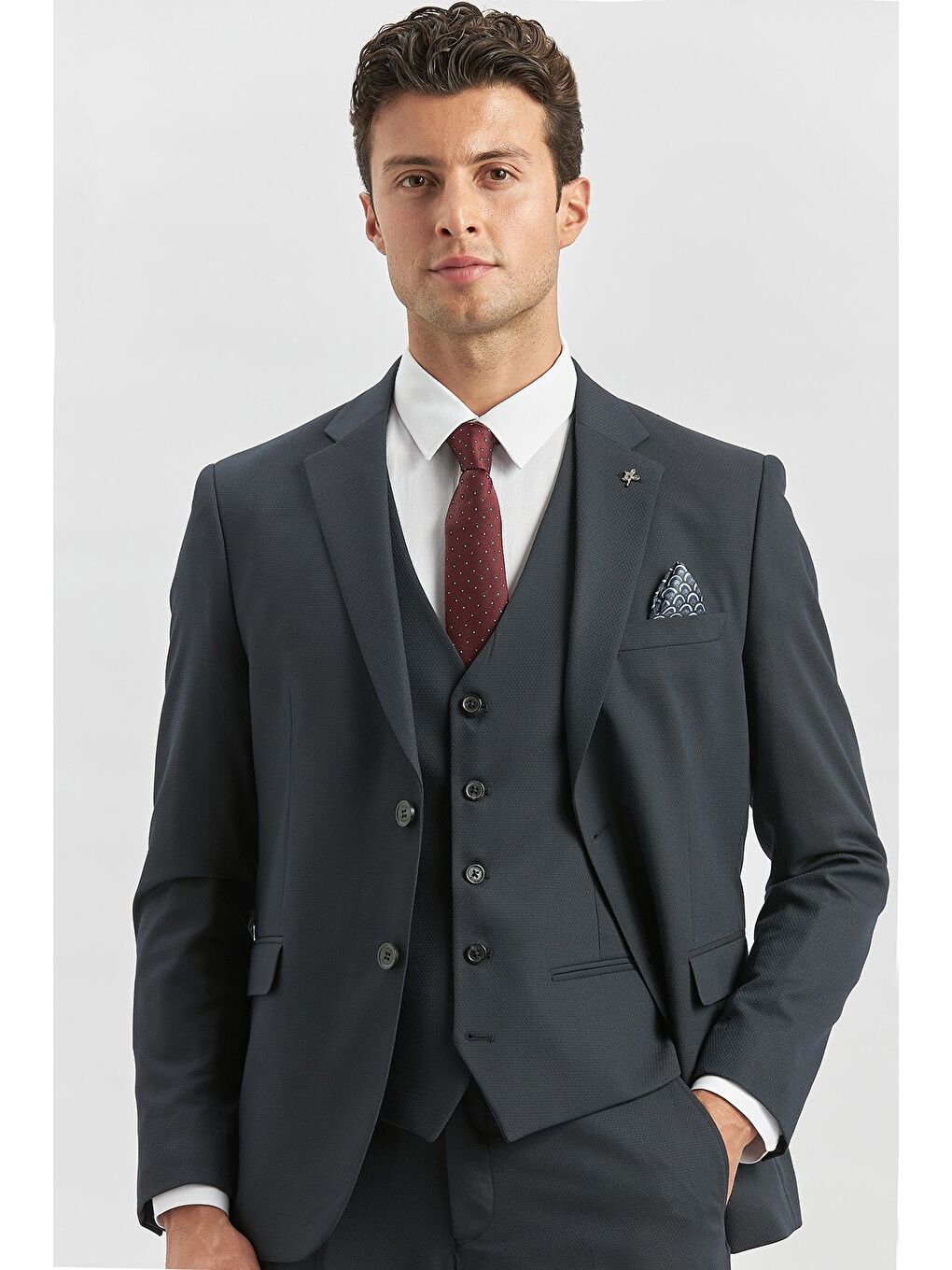 Koyu Lacivert Yelekli 6 Drop Slim Fit Takım Elbise 1001240180-1