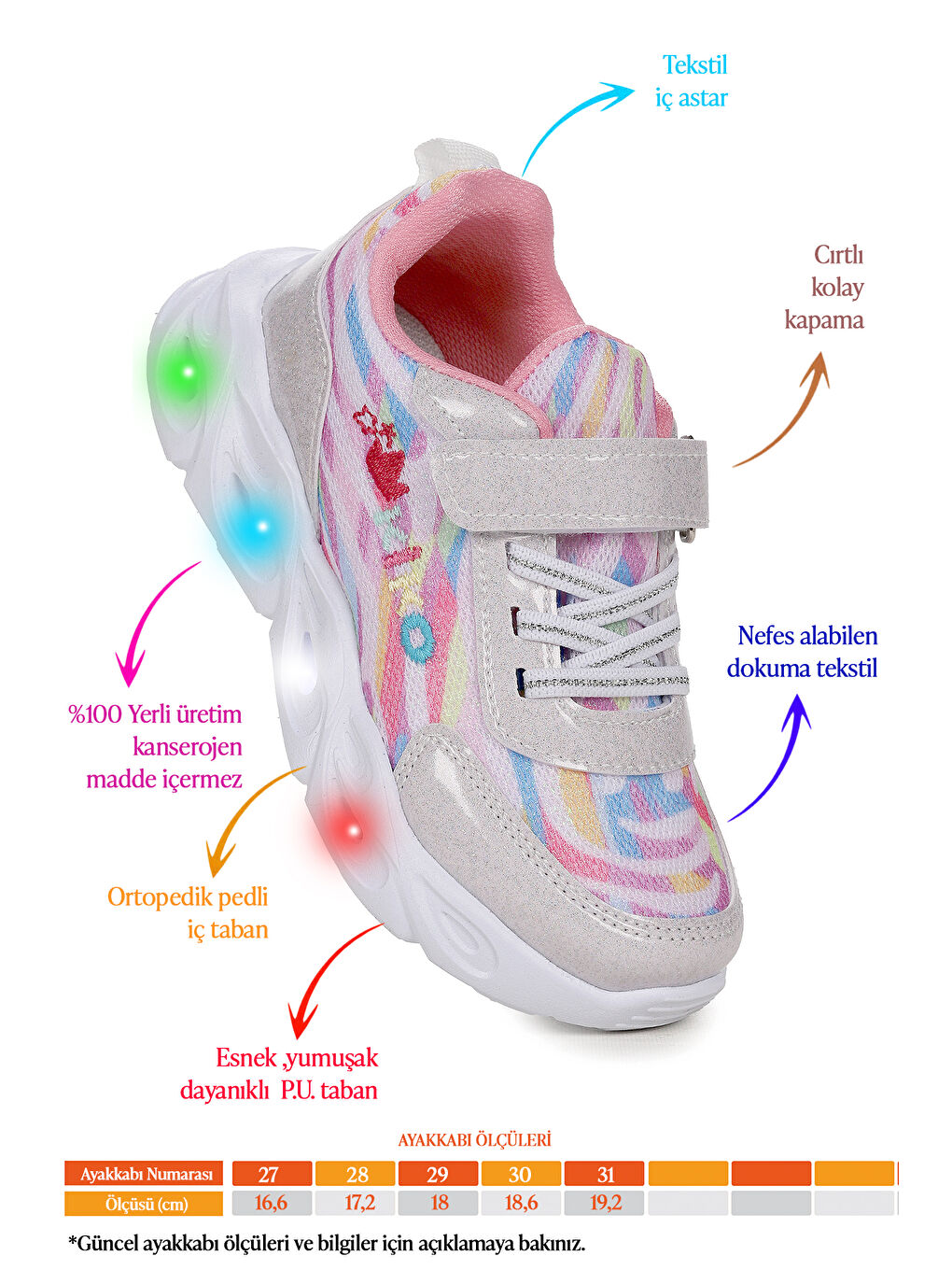 Beyaz Teno Cırtlı Işıklı Kız Çocuk Spor Ayakkabı-1
