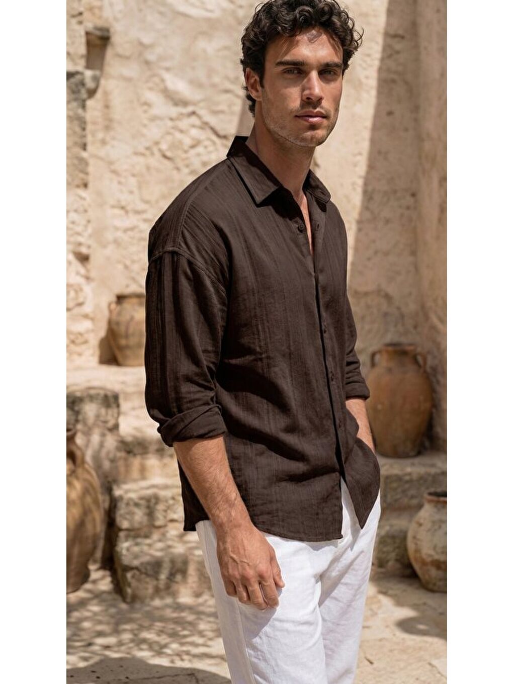 Kahverengi Erkek Armürlü Yarım Oversize Müslin Gömlek-4