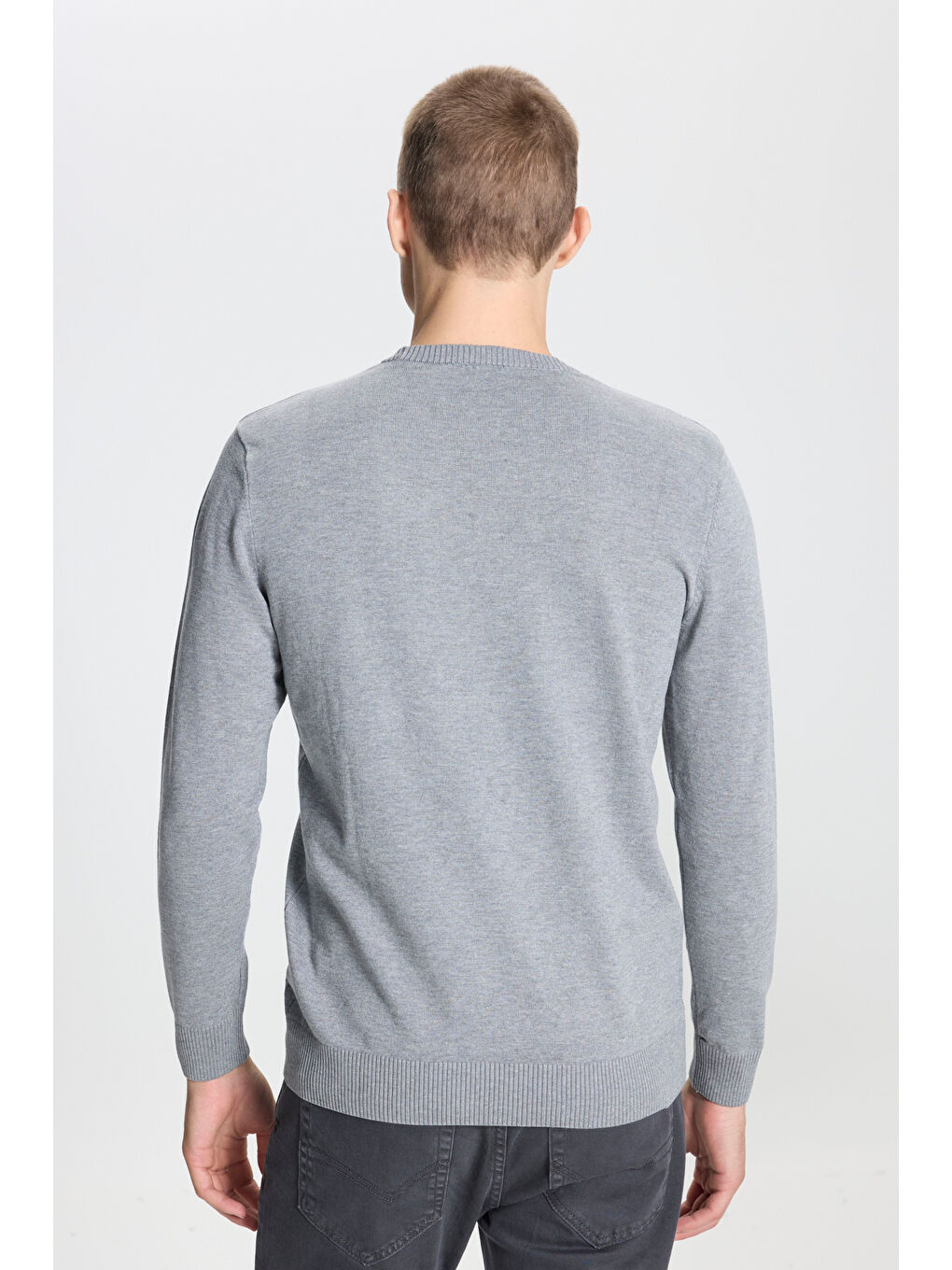 Erkek Gri Melanj Standart Fit Normal Kesim Bisiklet Yaka Triko Kazak-4