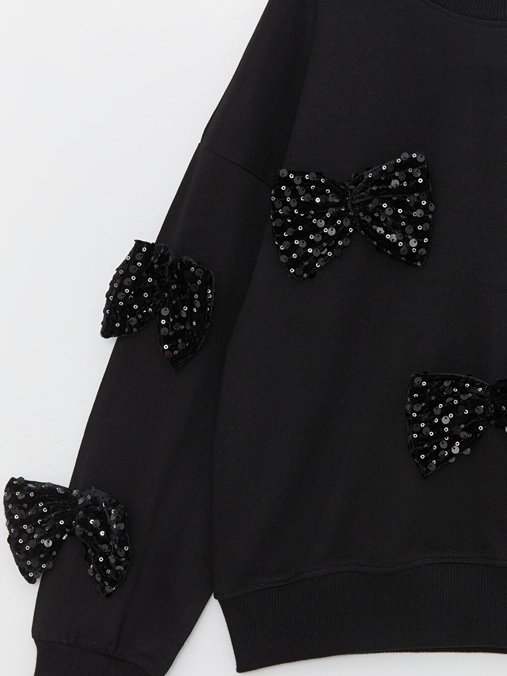 Siyah Kız Çocuk Bisiklet Yaka Fiyonklu Üç İplik SweatShirt-3