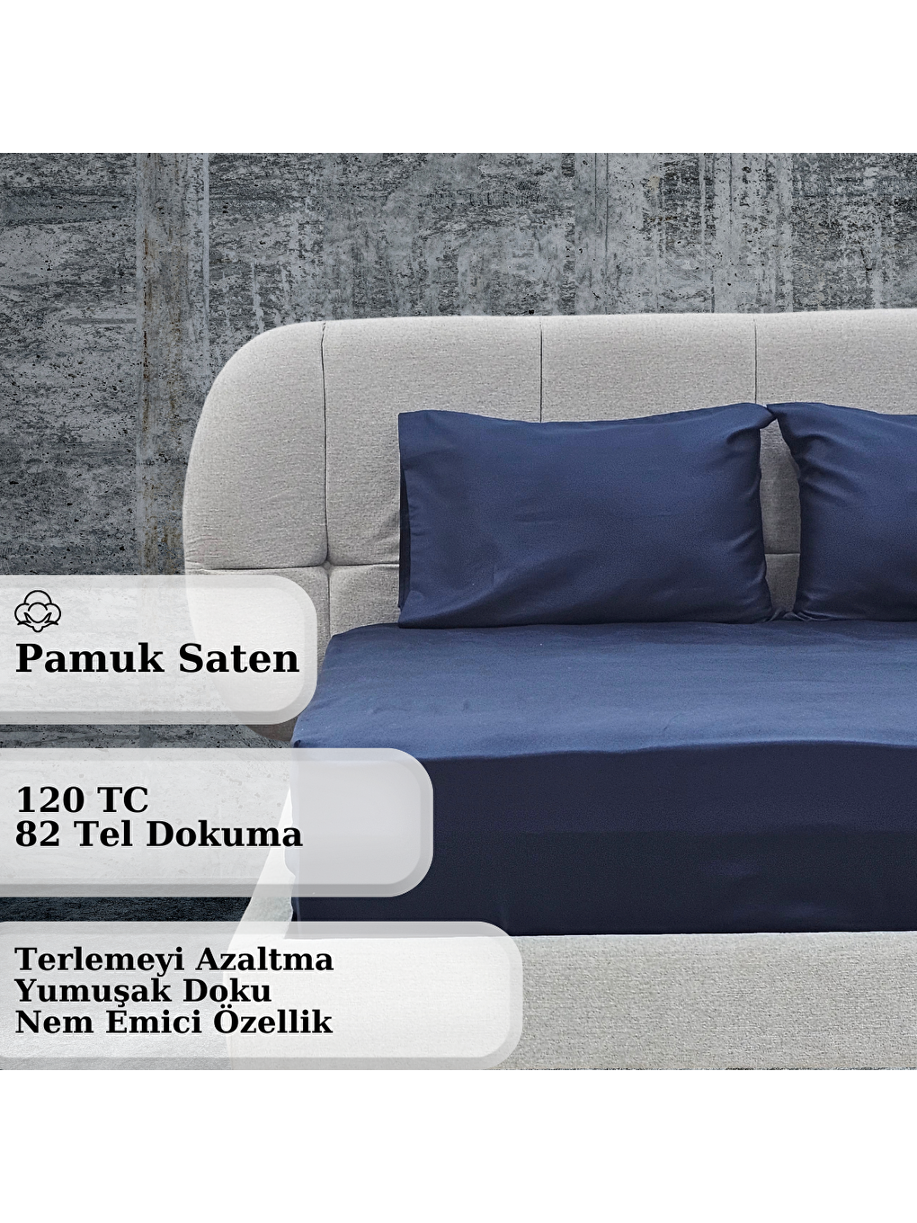 Rossav Home Pamuk Saten İpek Dokulu Çift Kişilik Çarşaf Seti | Lastikli Çarşaf | Lacivert - 1