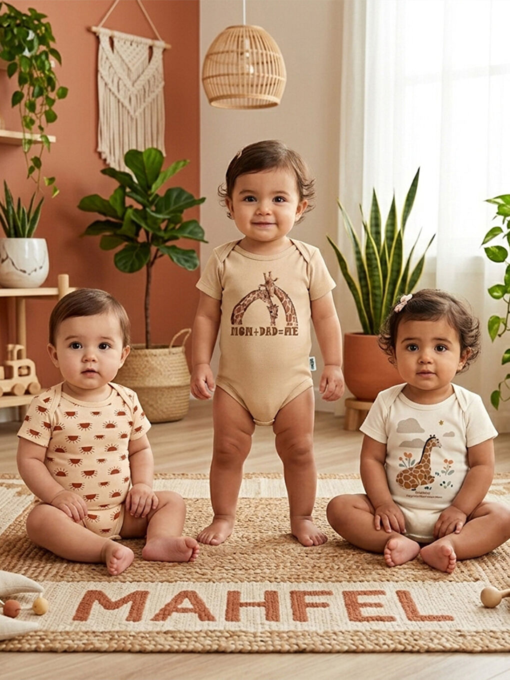 Ekru 3'Lü %100 Pamuklu Organik Baskılı Kısa Kollu Çıtçıtlı Bebek Body Zıbın 747-731-1