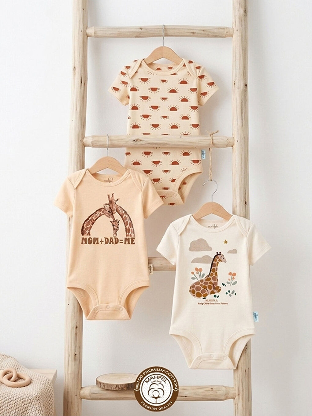 Ekru 3'Lü %100 Pamuklu Organik Baskılı Kısa Kollu Çıtçıtlı Bebek Body Zıbın 747-731-2