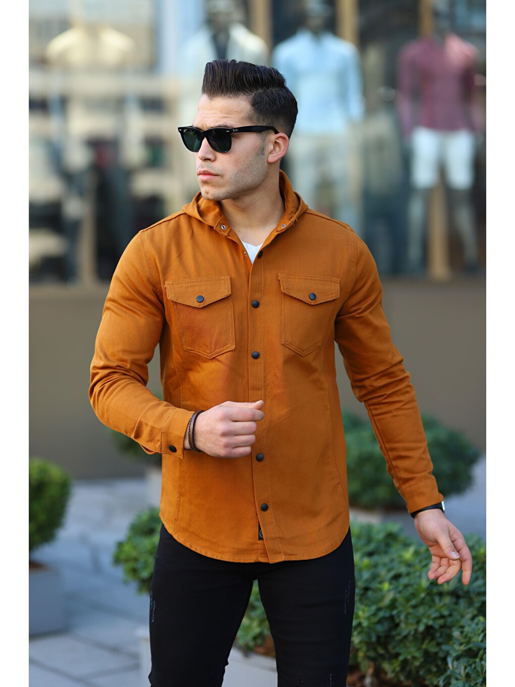 Kahverengi Erkek Kapüşonlu Çıt Çıt Düğme ( Regular Fit ) Jean Gömlek
