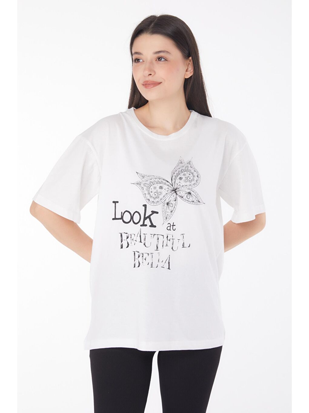 TOFİSA Beyaz Düz Bisiklet Yaka Kadın Beyaz Baskılı Kısa Kollu T-shirt - 25766