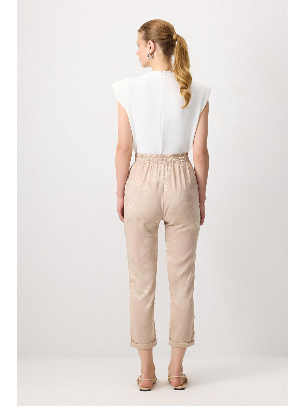 Bej Beli Lastikli Jakarlı Pantolon-2