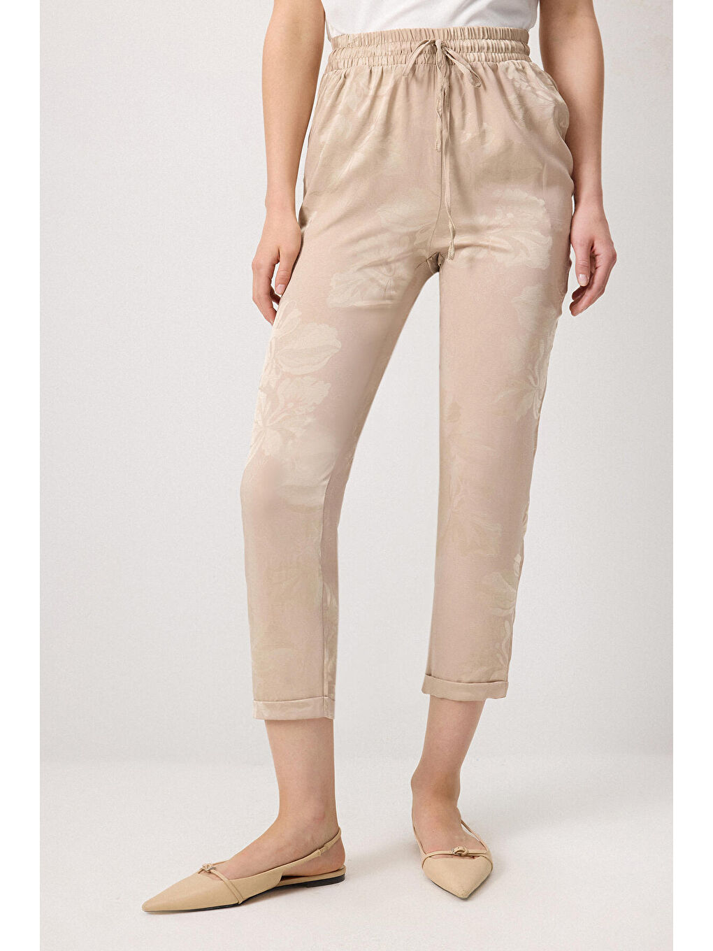 Bej Beli Lastikli Jakarlı Pantolon-3