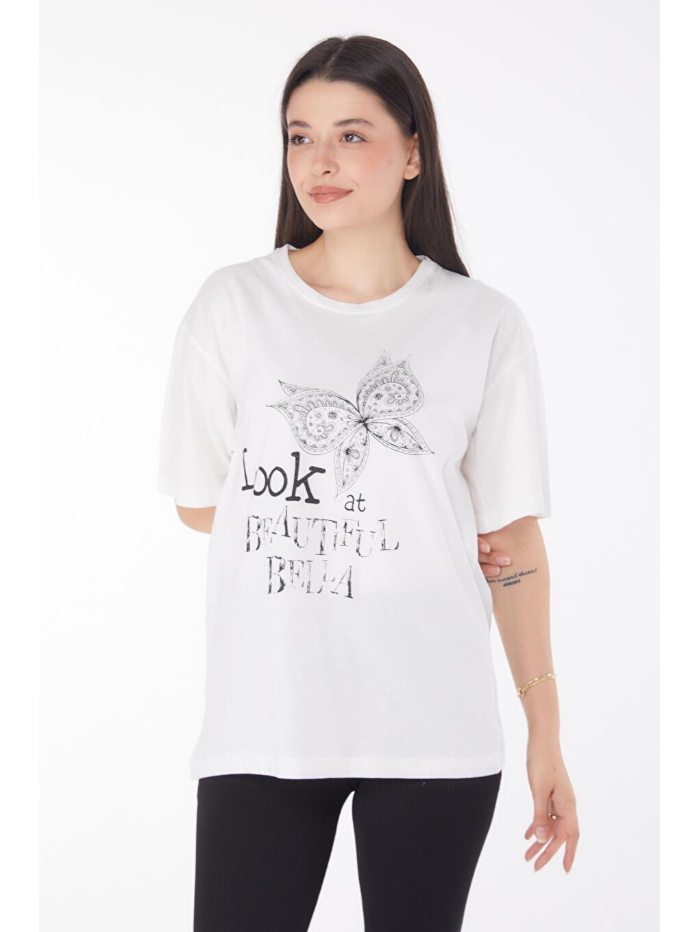 TOFİSA Beyaz Düz Bisiklet Yaka Kadın Beyaz Baskılı Kısa Kollu T-shirt - 25766 - 1