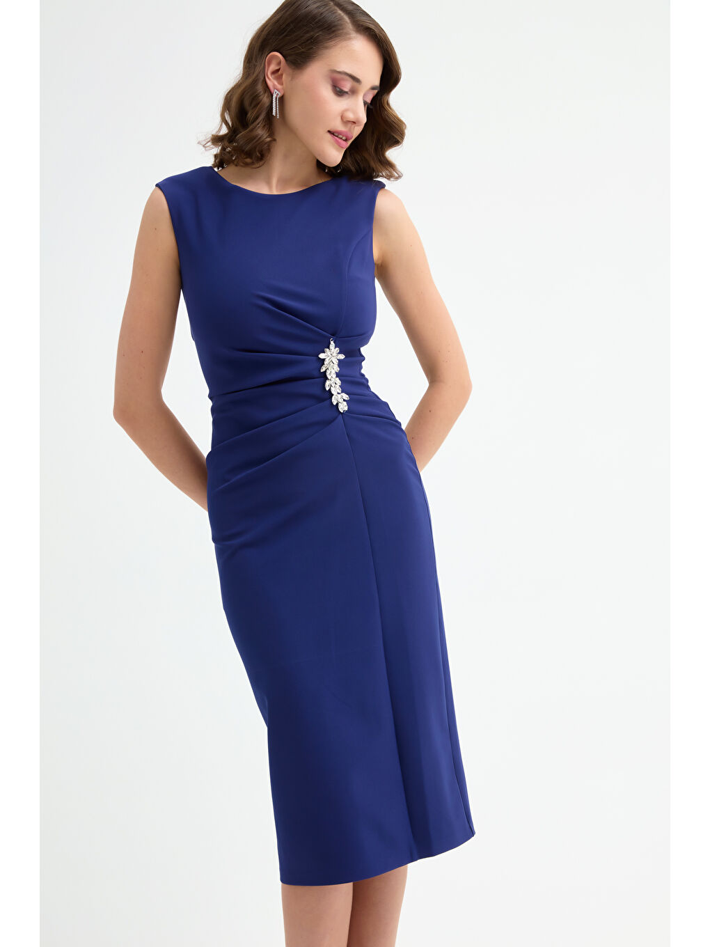 Kadın Lacivert Taş Detaylı Midi Abiye Elbise-1