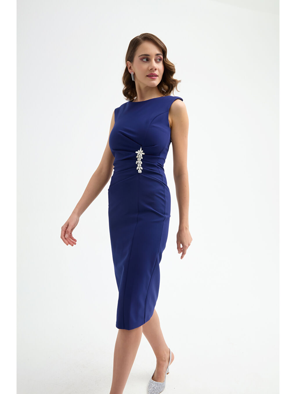 Kadın Lacivert Taş Detaylı Midi Abiye Elbise-2