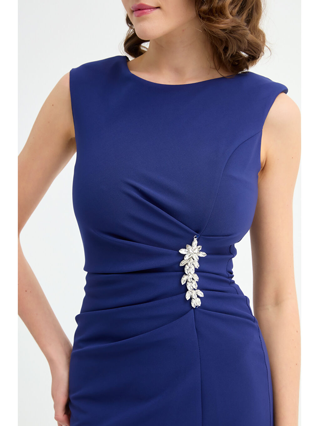 Kadın Lacivert Taş Detaylı Midi Abiye Elbise-3