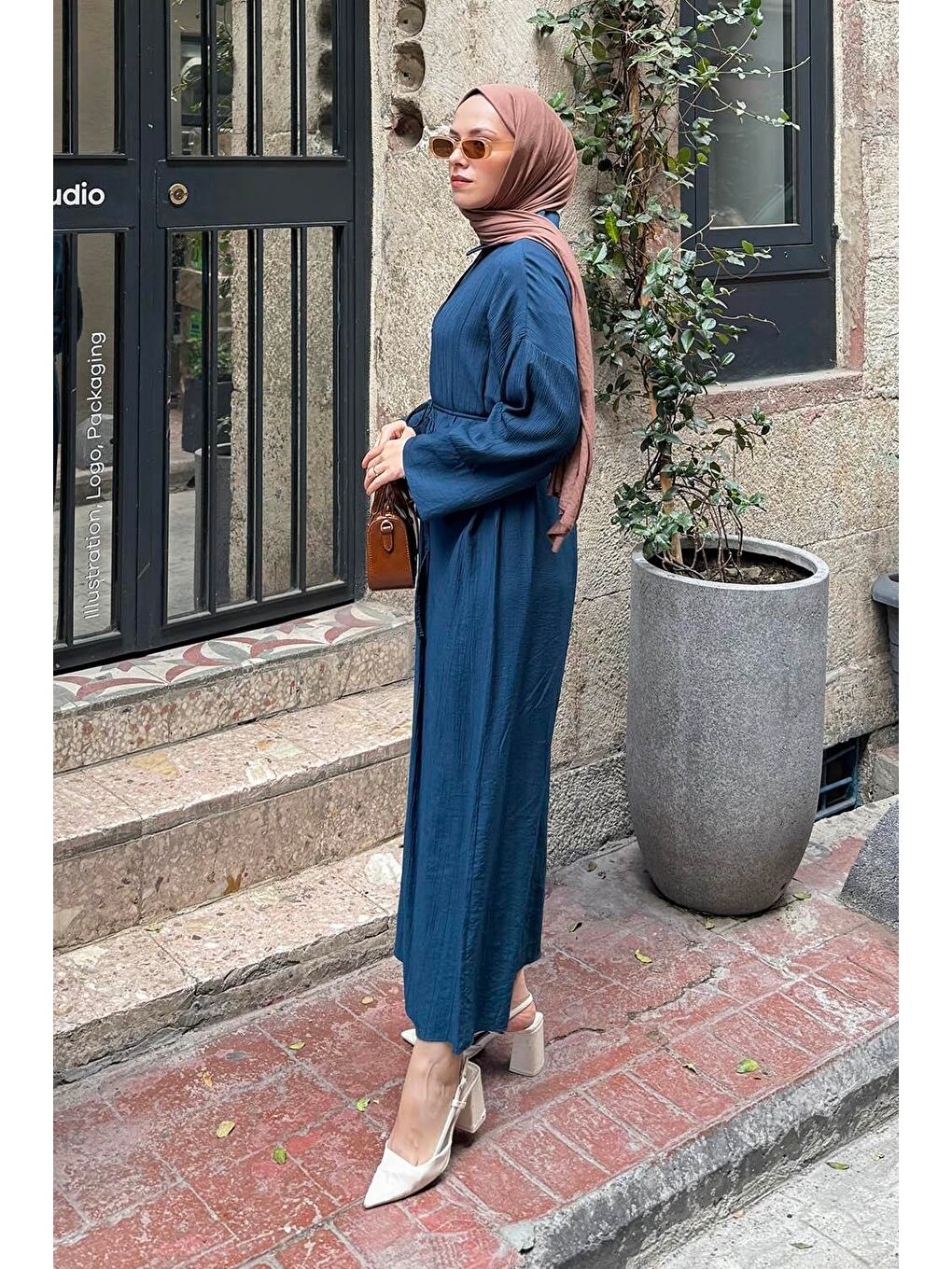 Pat Detaylı Elbise Petrol Mavisi-1