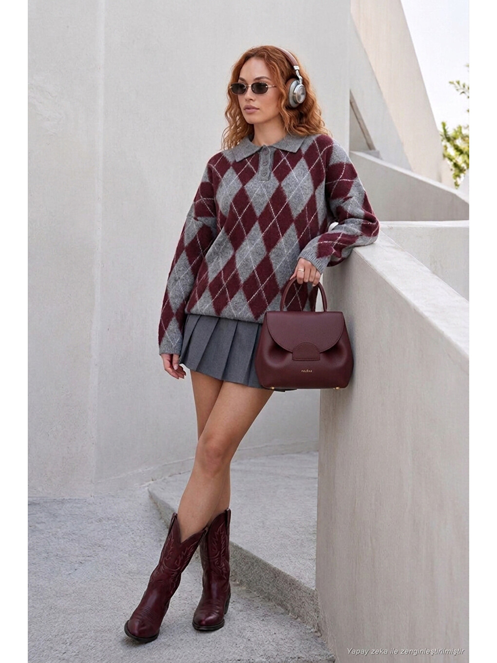 Bordo Oversize Baklava Desenli Düğmeli Polo Yaka Kadın Kazak 4615593