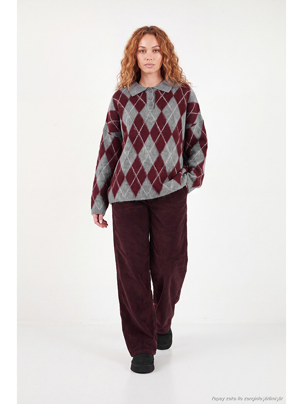 Bordo Oversize Baklava Desenli Düğmeli Polo Yaka Kadın Kazak 4615593-1