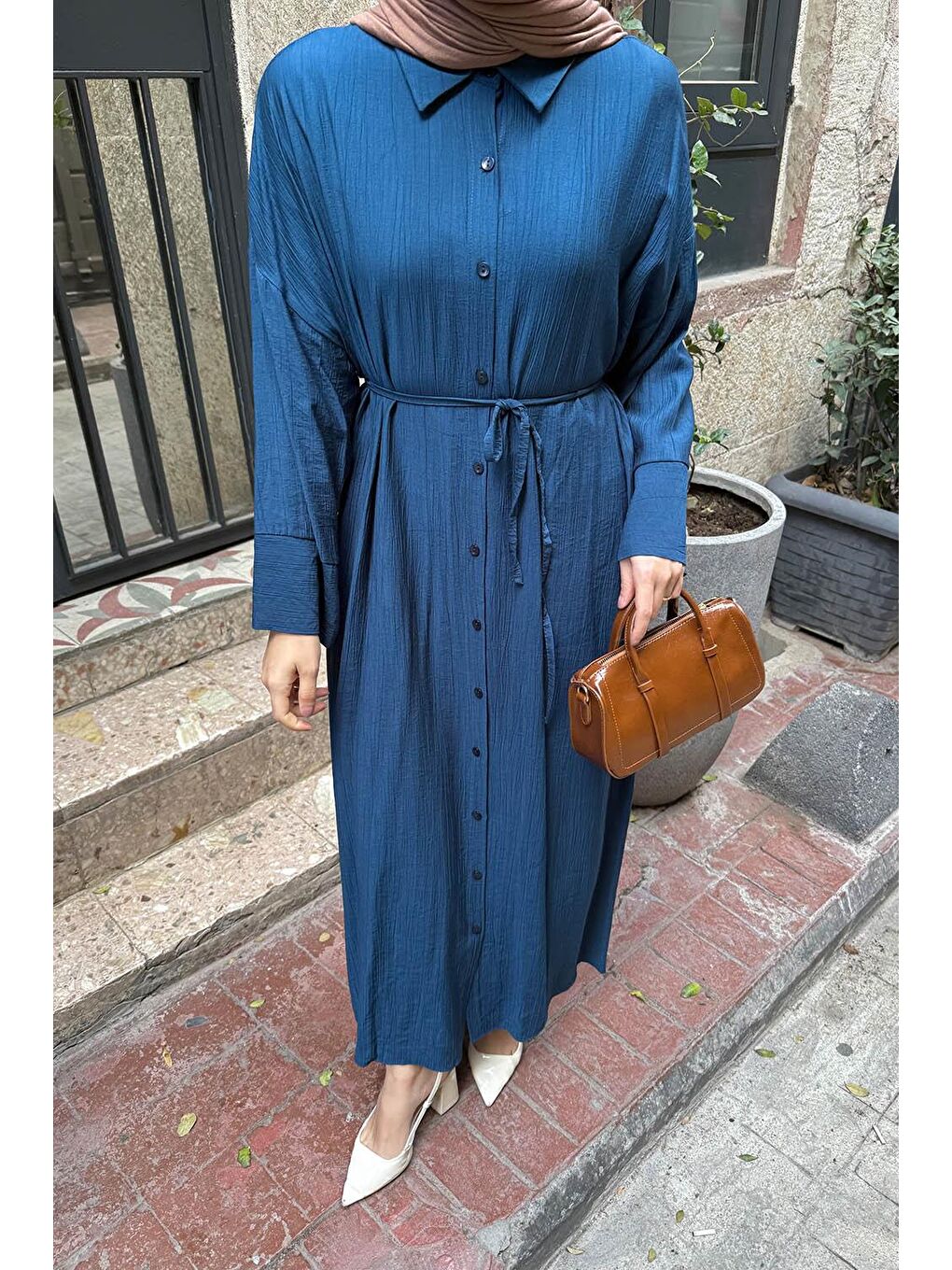 Pat Detaylı Elbise Petrol Mavisi-2