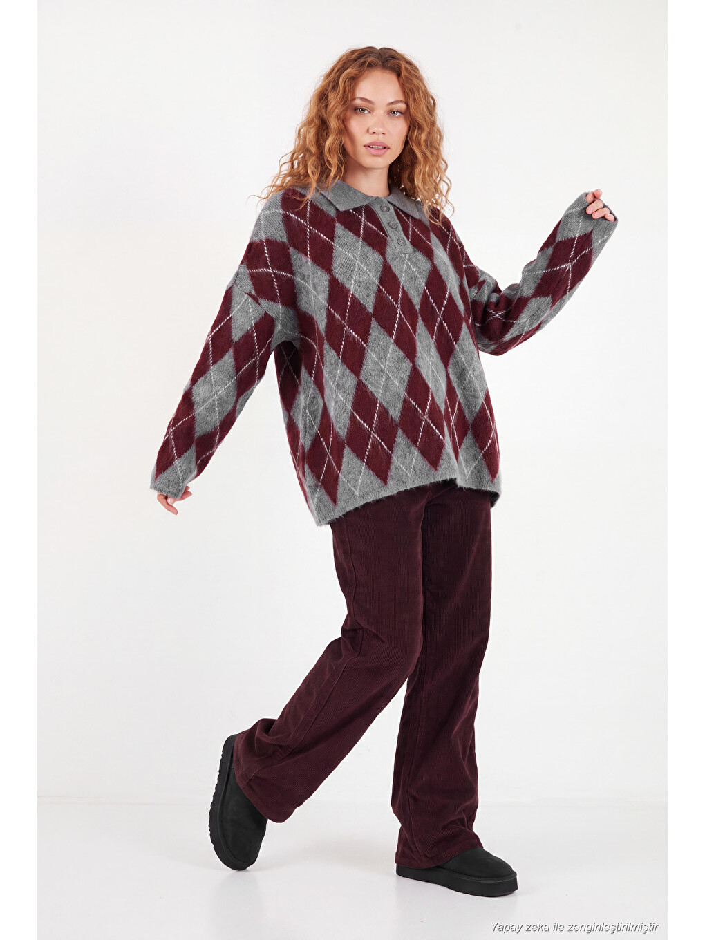 Bordo Oversize Baklava Desenli Düğmeli Polo Yaka Kadın Kazak 4615593-2