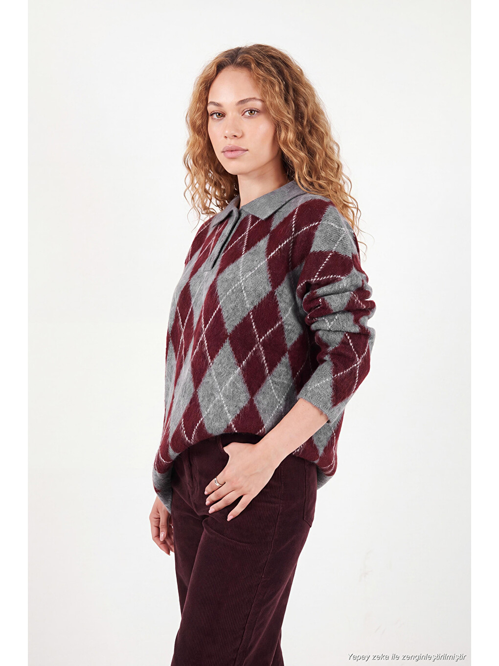 Bordo Oversize Baklava Desenli Düğmeli Polo Yaka Kadın Kazak 4615593-3