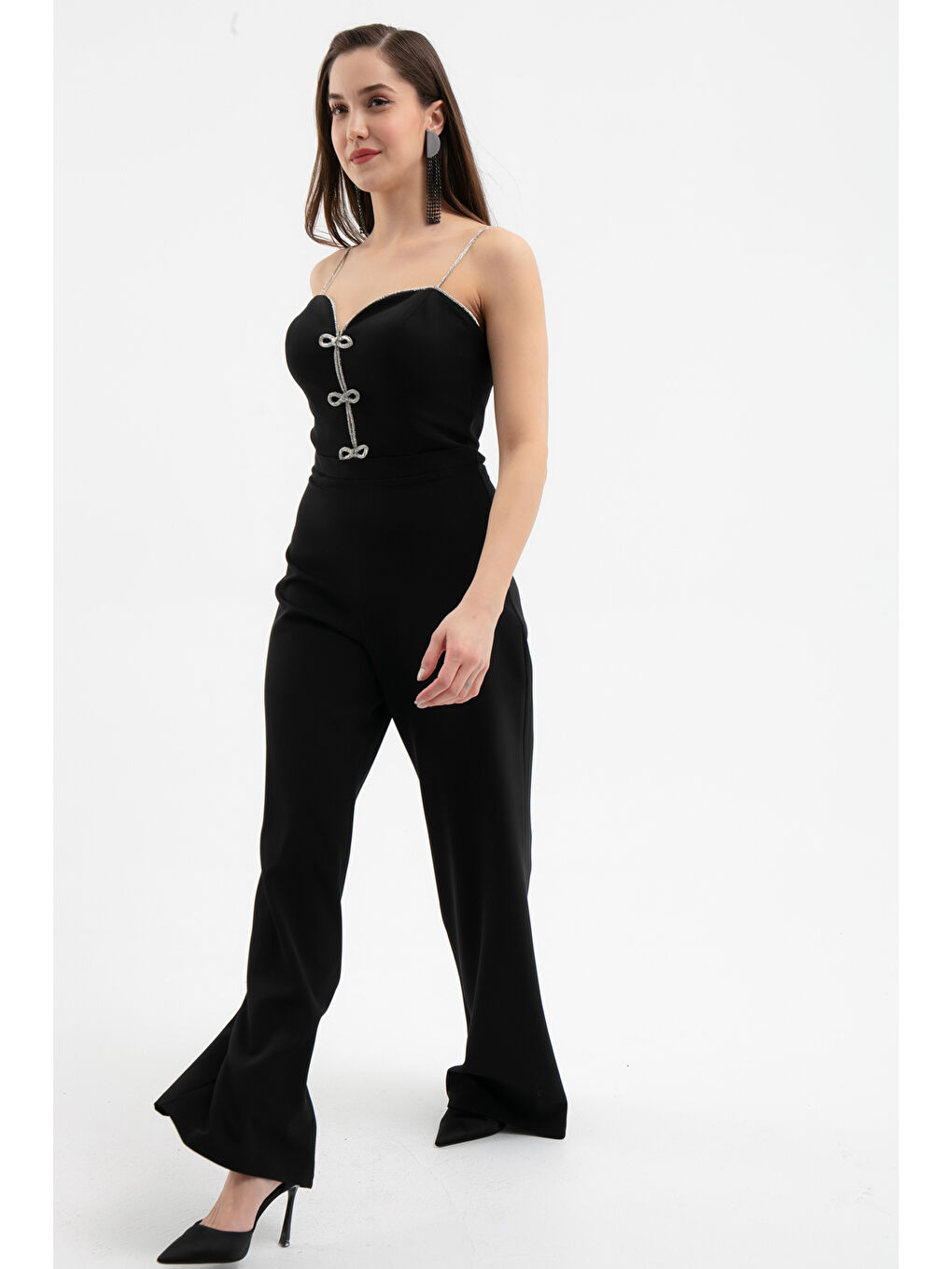 Kadın Siyah Taş Askılı Fiyonk Detaylı Abiye Tulum-1