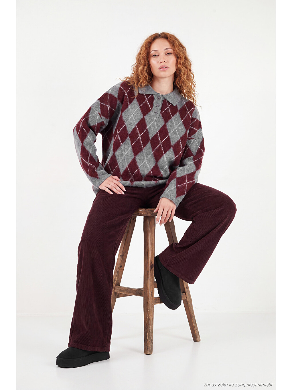 Bordo Oversize Baklava Desenli Düğmeli Polo Yaka Kadın Kazak 4615593-4