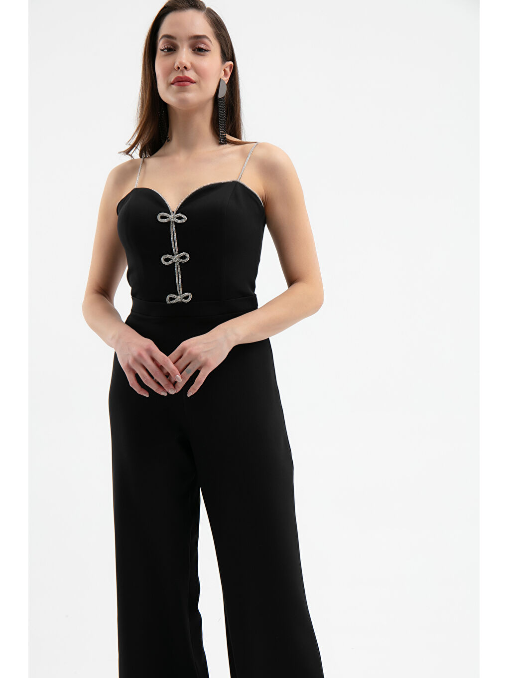 Kadın Siyah Taş Askılı Fiyonk Detaylı Abiye Tulum-2