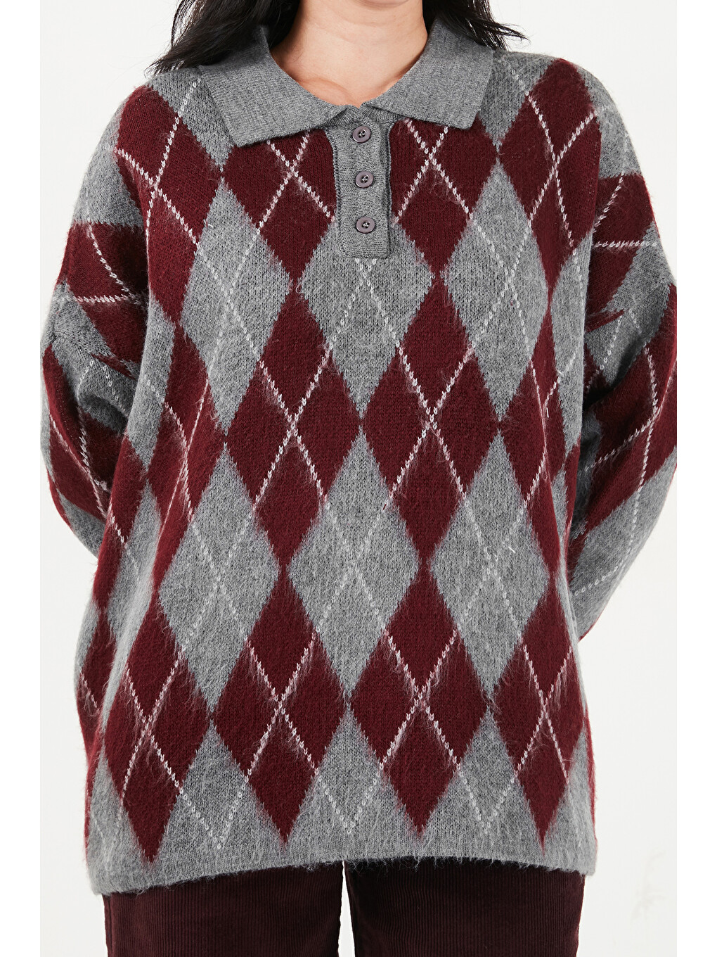 Bordo Oversize Baklava Desenli Düğmeli Polo Yaka Kadın Kazak 4615593-5