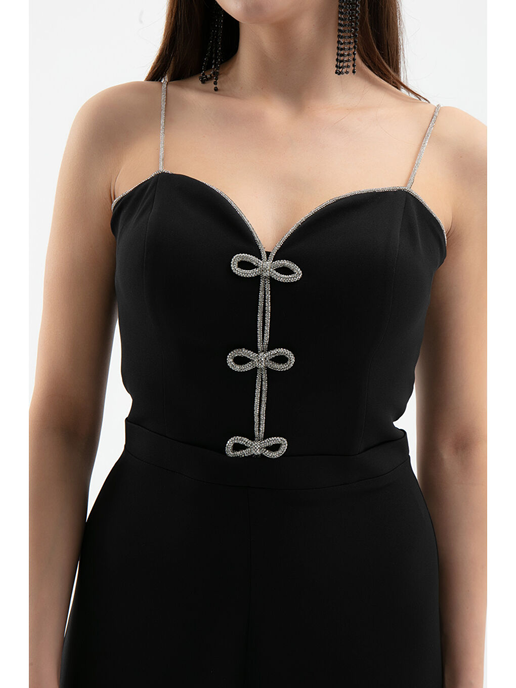 Kadın Siyah Taş Askılı Fiyonk Detaylı Abiye Tulum-3