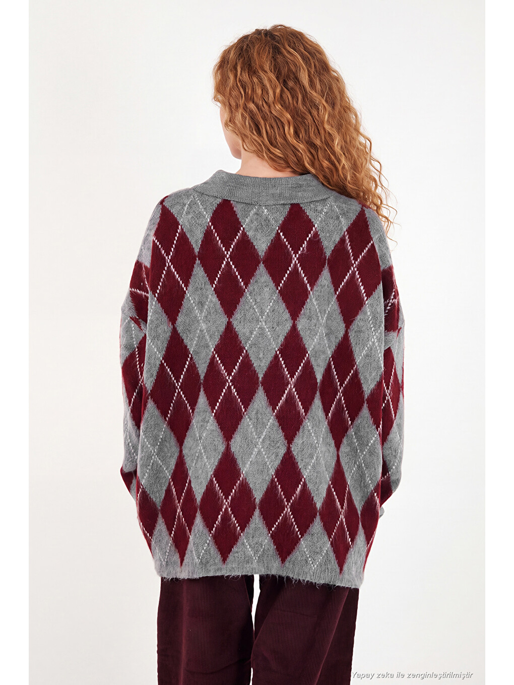 Bordo Oversize Baklava Desenli Düğmeli Polo Yaka Kadın Kazak 4615593-6