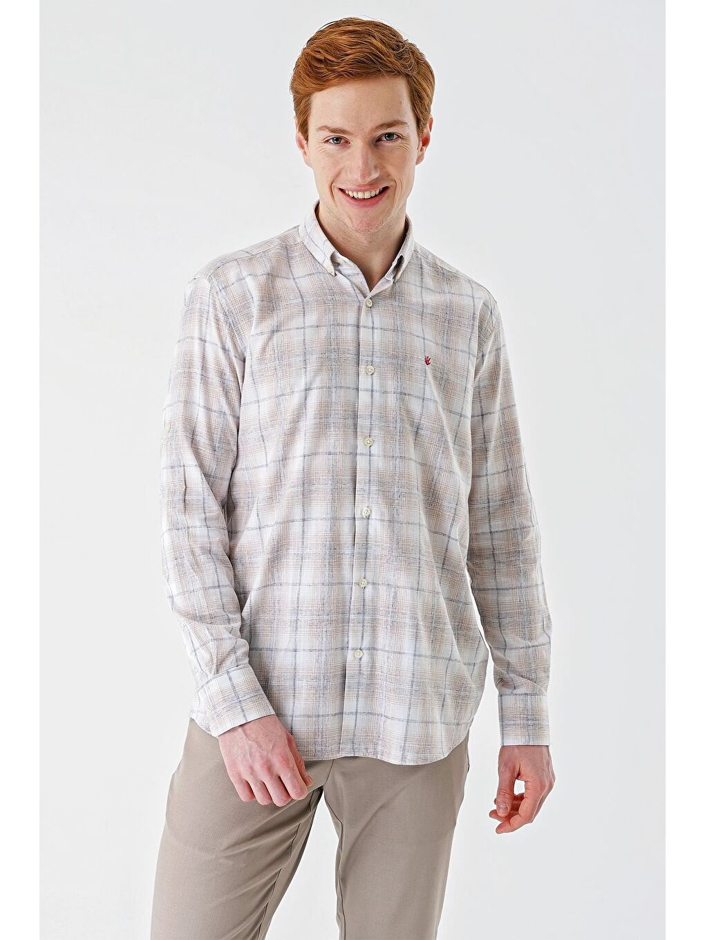 Bej Kısalabilir Kol Ekoseli Cepsiz Garnili Biyeli Pamuklu Keten Comfort Fit Gömlek 1004240147