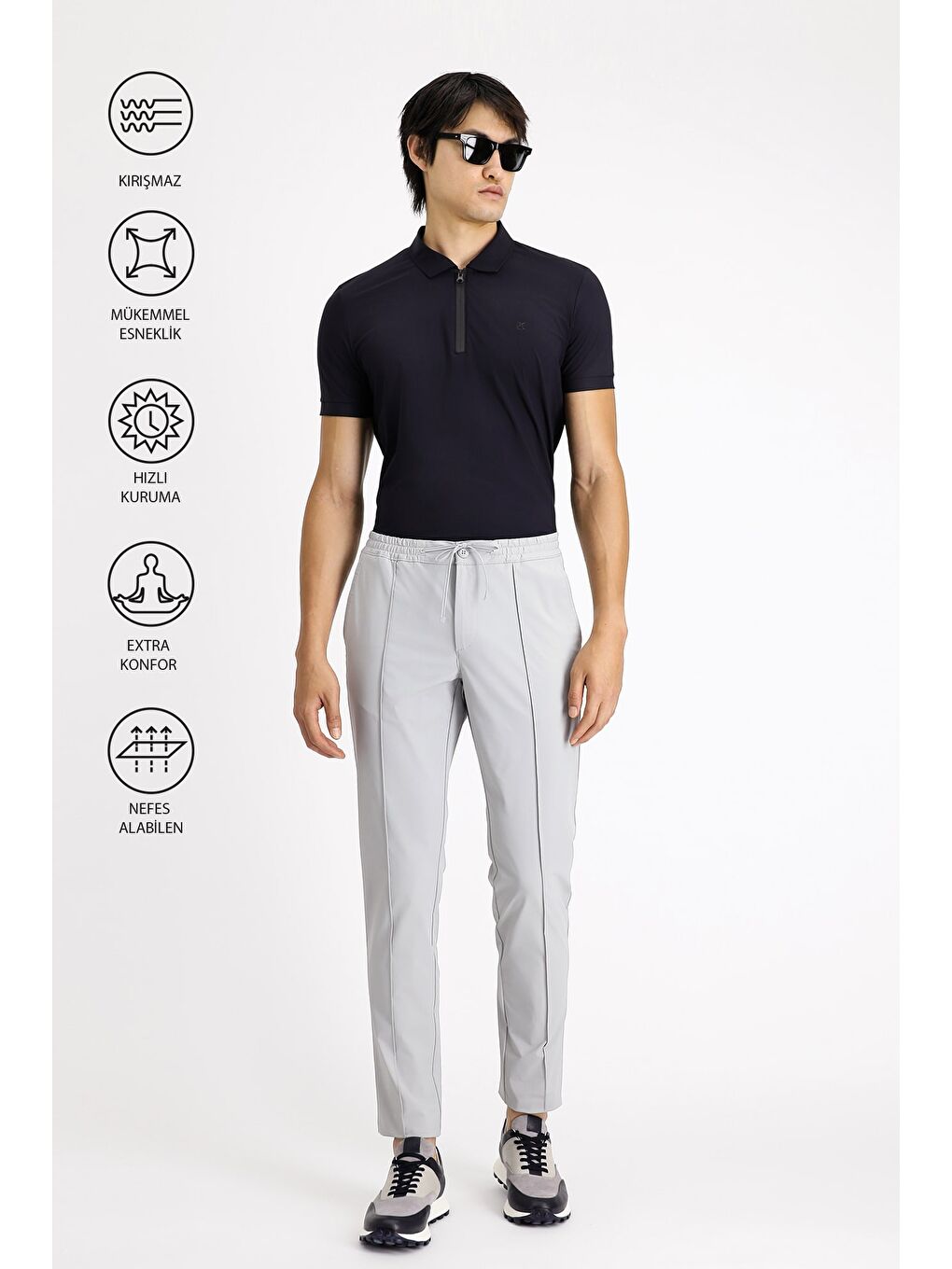 Gri Techno-Line Super Slim Fit Ekstra Dar Kesim Elastanlı Beli Lastikli İpli Klasik Kumaş Pantolon