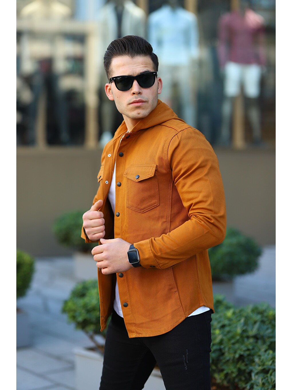 Kahverengi Erkek Kapüşonlu Çıt Çıt Düğme ( Regular Fit ) Jean Gömlek-1