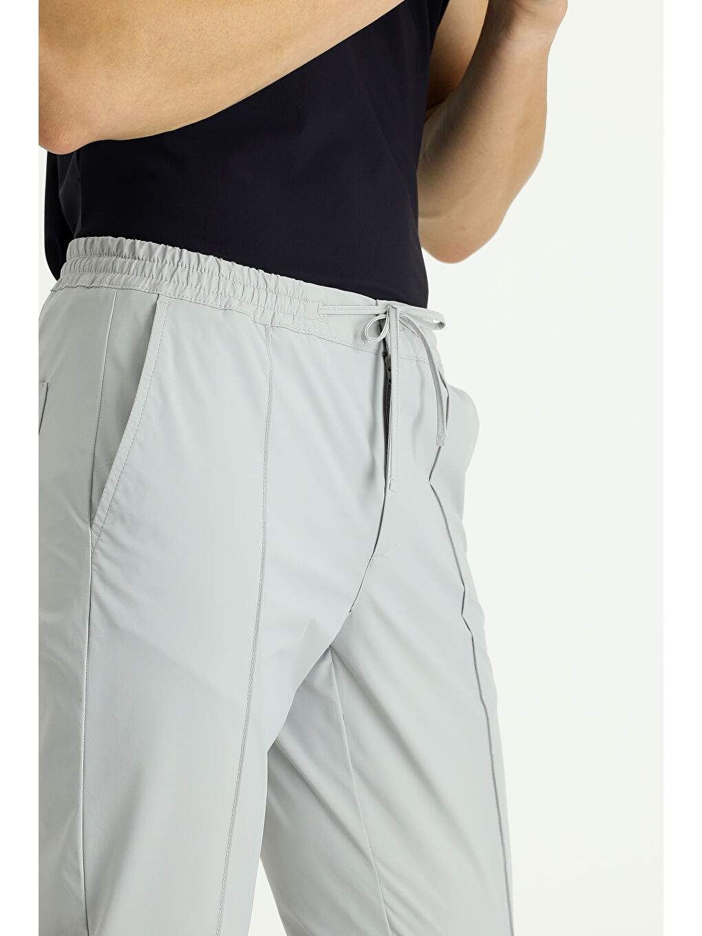 Gri Techno-Line Super Slim Fit Ekstra Dar Kesim Elastanlı Beli Lastikli İpli Klasik Kumaş Pantolon-2