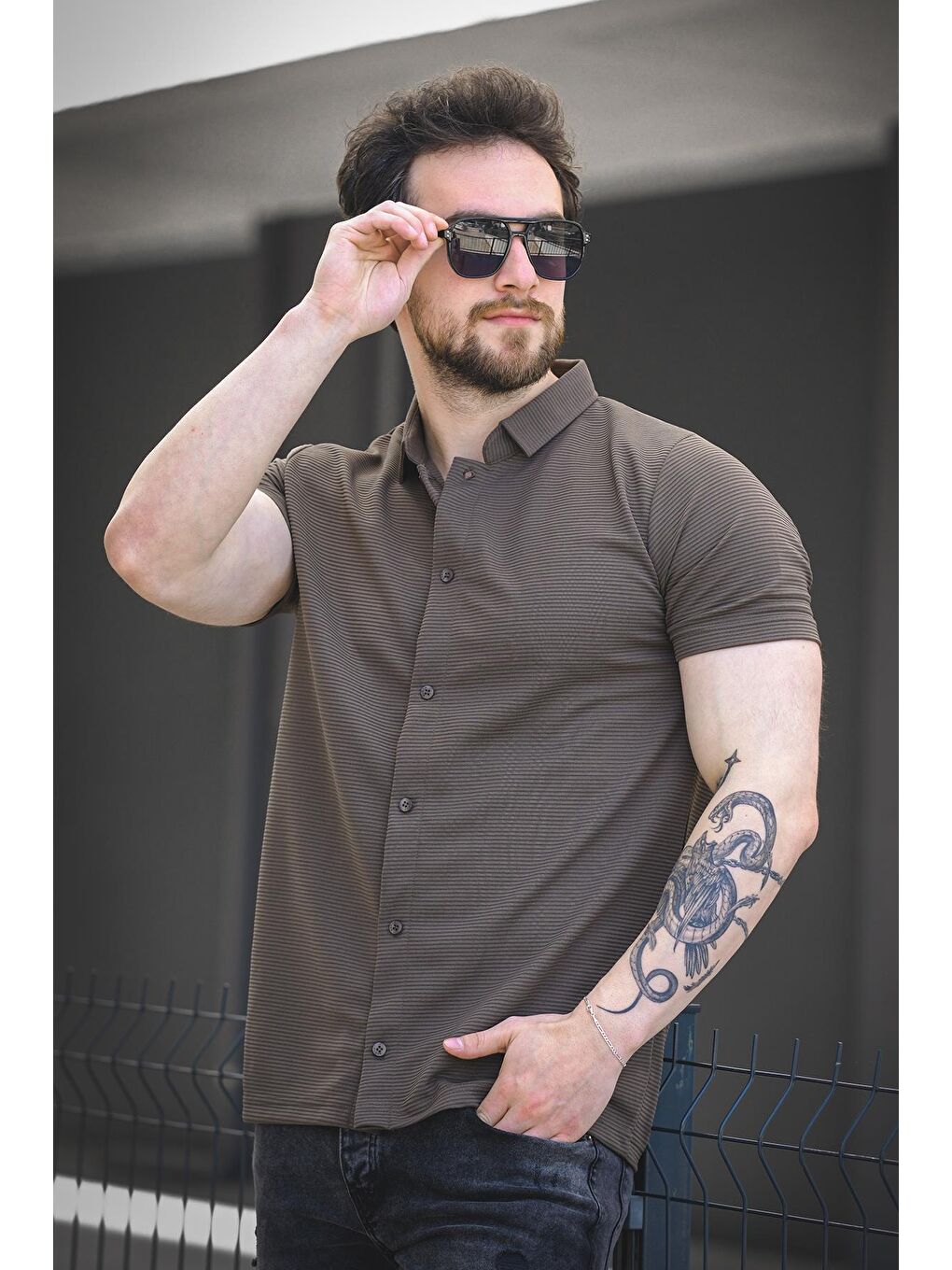 Haki Vitto Otoban Kumaş Slim Elastanlı Kısa Kol Erkek Gömlek