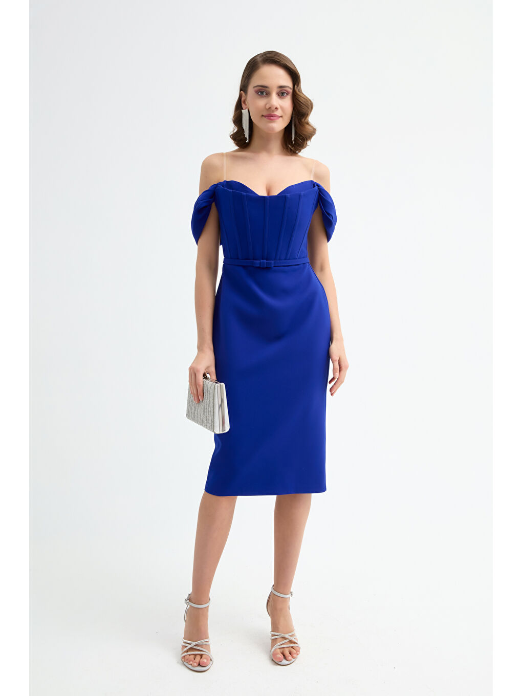 Mavi Kadın Saks Korse Detaylı Midi Kalem Abiye Elbise