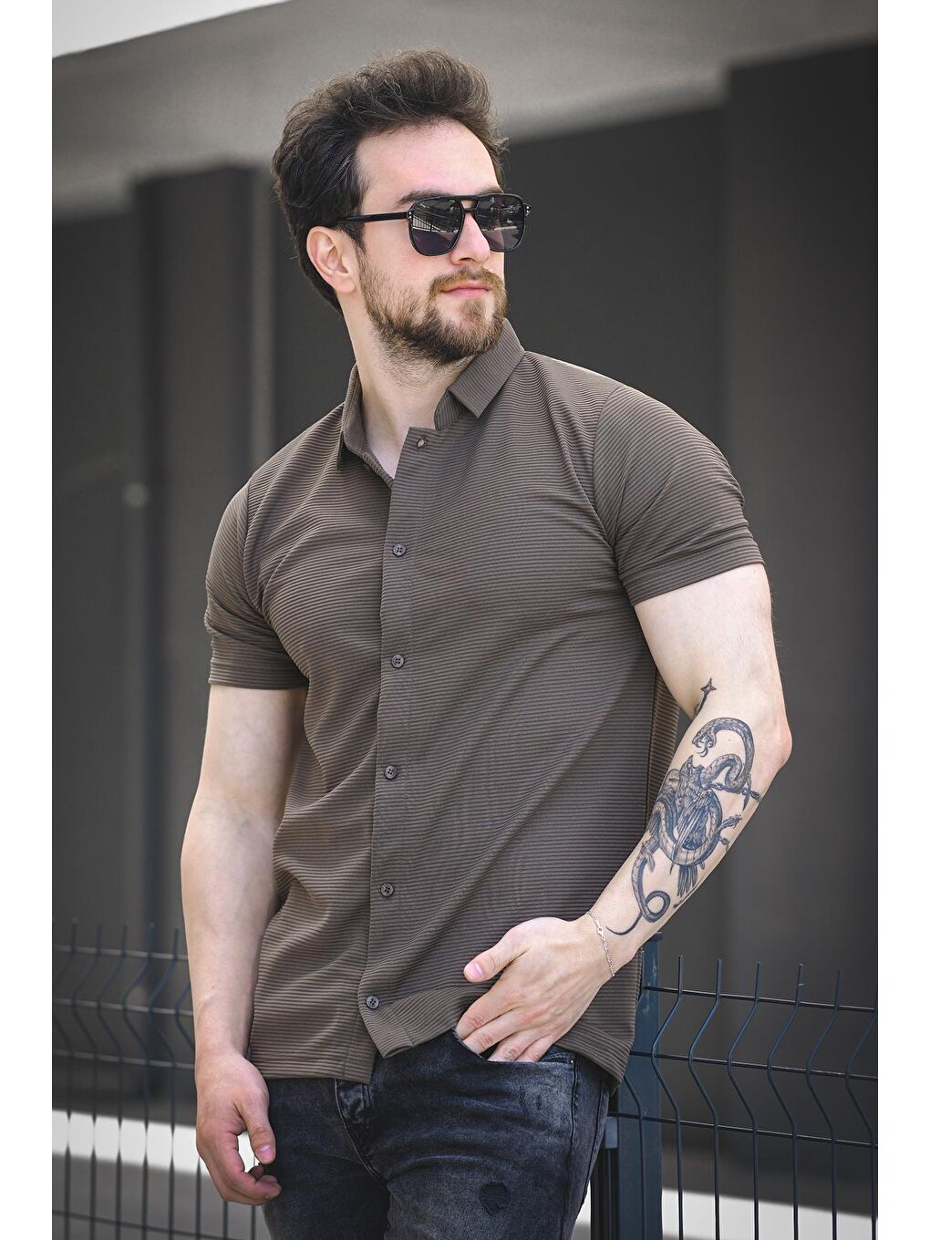 Haki Vitto Otoban Kumaş Slim Elastanlı Kısa Kol Erkek Gömlek-1