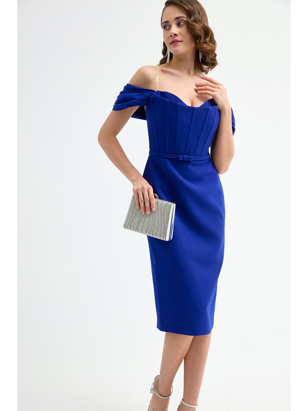 Mavi Kadın Saks Korse Detaylı Midi Kalem Abiye Elbise-2