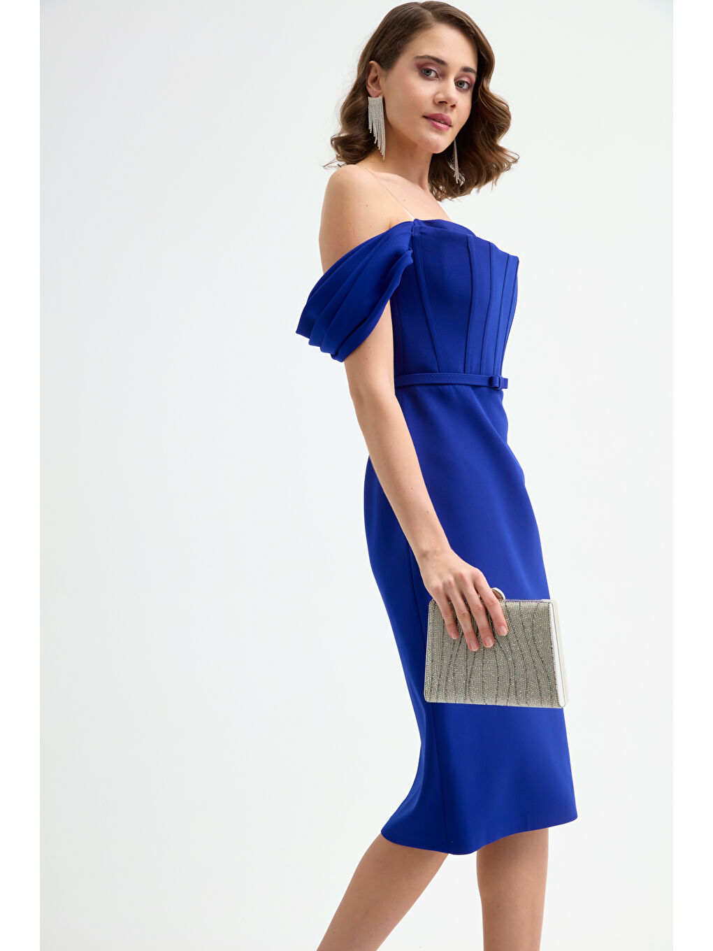 Mavi Kadın Saks Korse Detaylı Midi Kalem Abiye Elbise-3