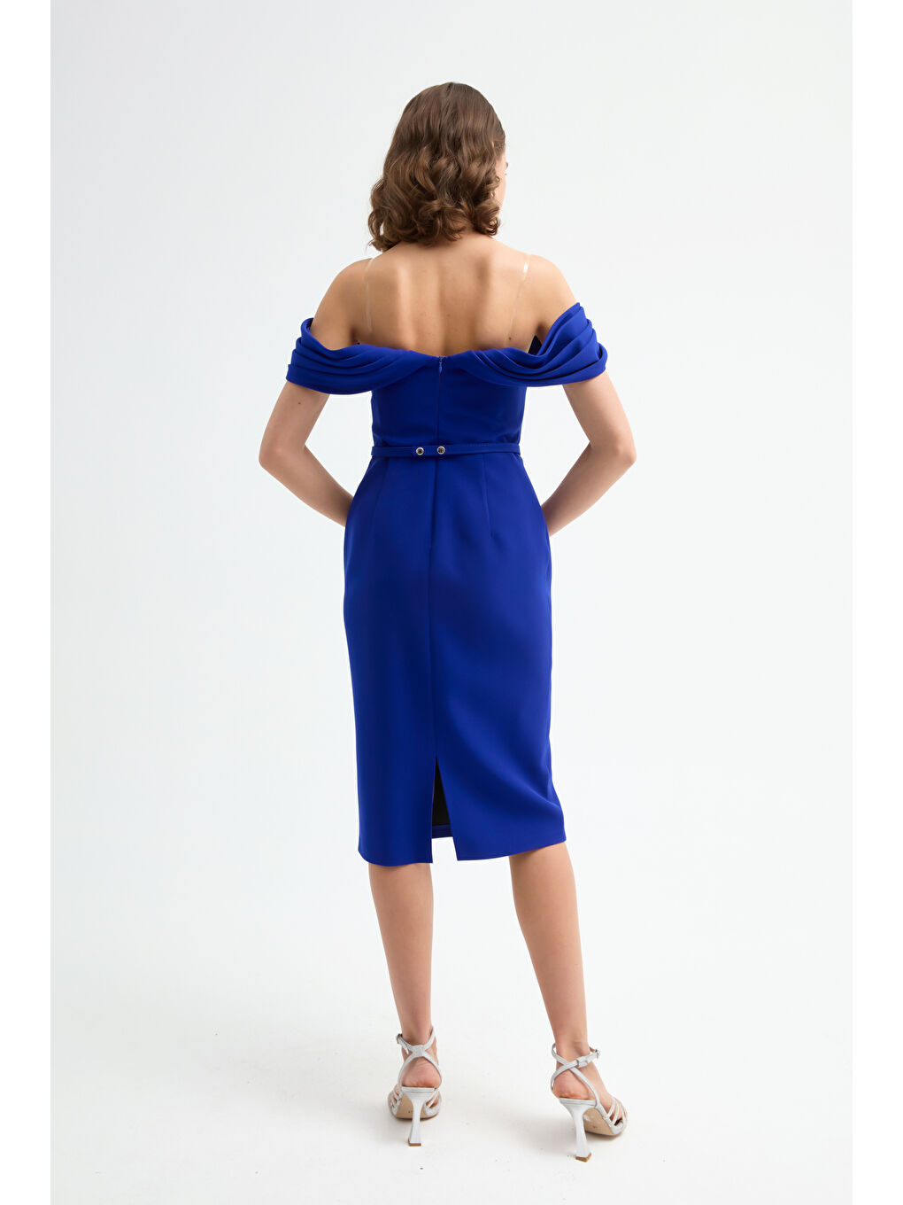 Mavi Kadın Saks Korse Detaylı Midi Kalem Abiye Elbise-4