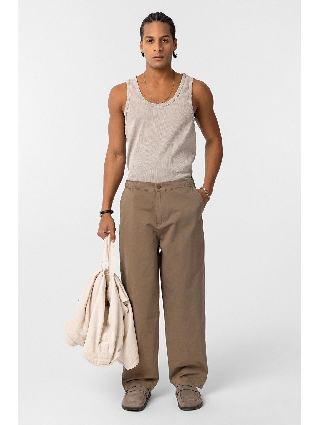 Bej Yıkamalı Gabardin Baggy Erkek Pantolon Vizon
