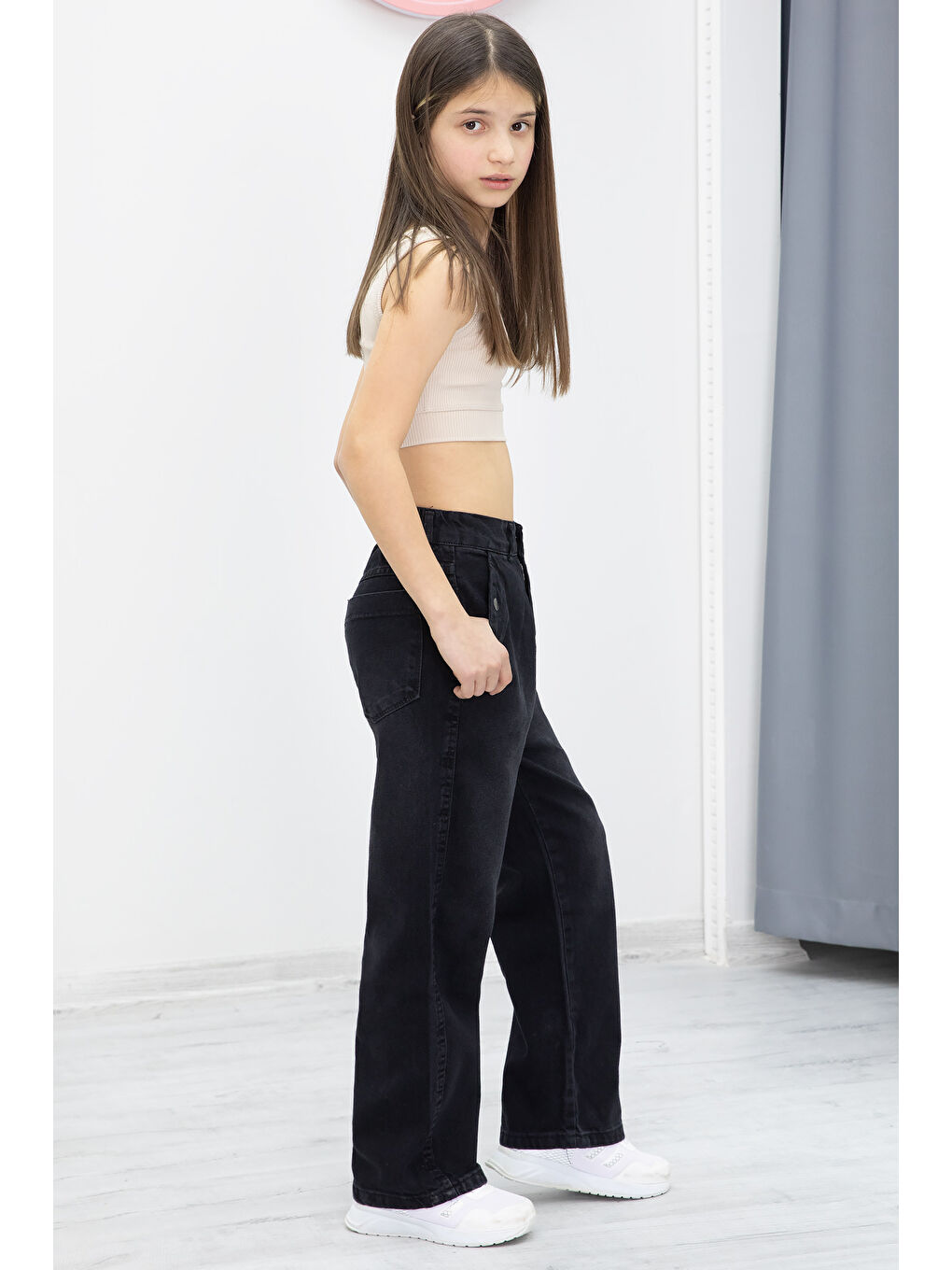 Siyah Geniş Paça Bel Lastikli Kız Çocuk Jean Pantolon 20050-3