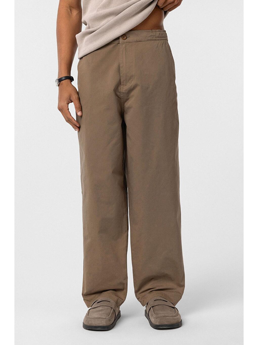 Bej Yıkamalı Gabardin Baggy Erkek Pantolon Vizon-2