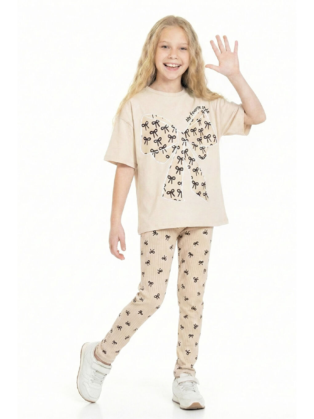 Ekru Kız Çocuk Fiyonk Baskılı-Taytlı Alt-Üst Takım 3-10 Yaş 12552