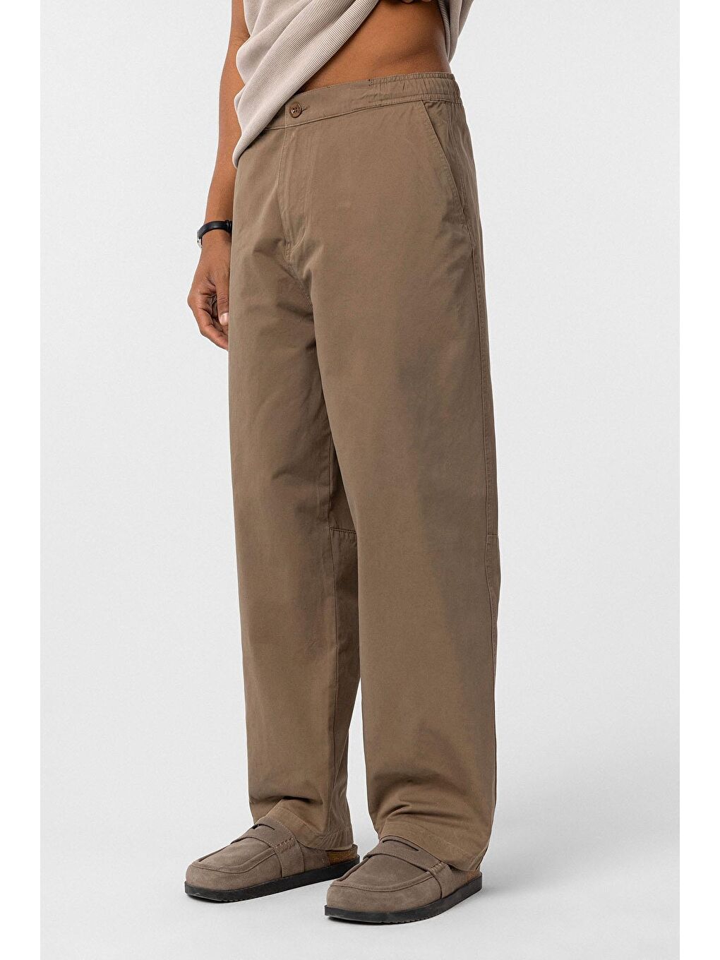 Bej Yıkamalı Gabardin Baggy Erkek Pantolon Vizon-3