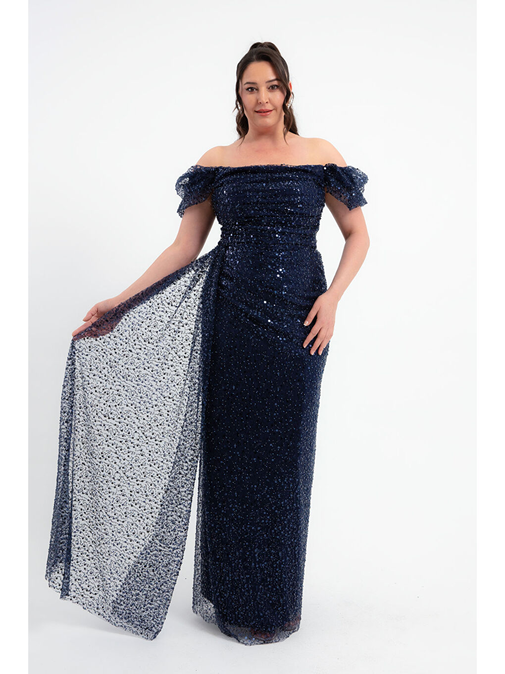 Kadın Lacivert Kayık Yaka Payetli Büyük Beden Abiye Elbise