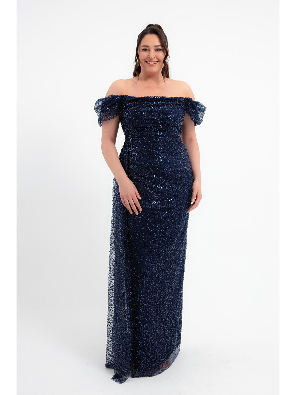 Kadın Lacivert Kayık Yaka Payetli Büyük Beden Abiye Elbise-1