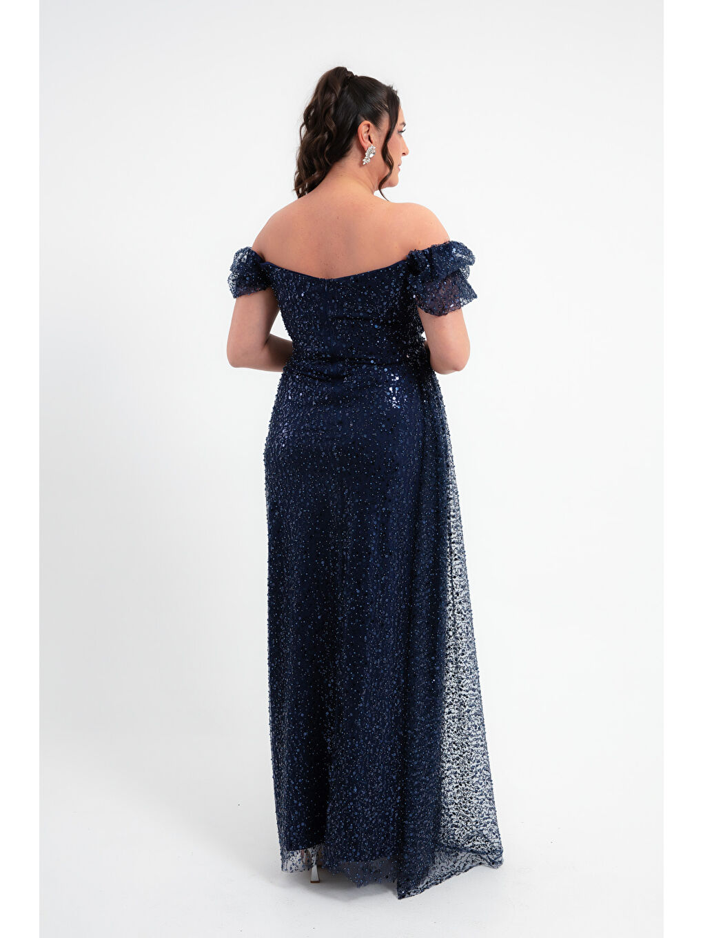 Kadın Lacivert Kayık Yaka Payetli Büyük Beden Abiye Elbise-4