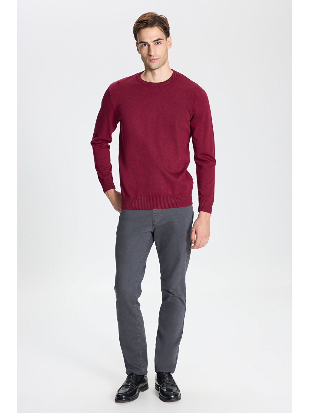 Erkek Bordo Standart Fit Normal Kesim Bisiklet Yaka Triko Kazak-1